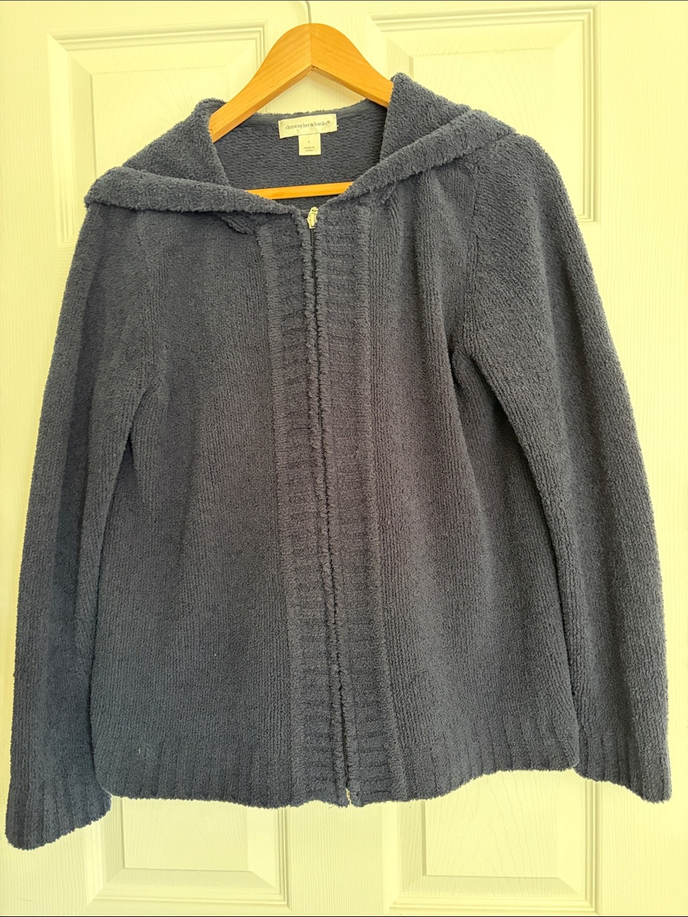 Women’s Christopher & Banks Plush Hooded Zip Jacket - Navy Blue, Size Large